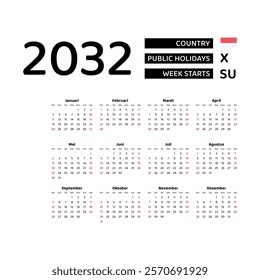 Calendar 2032 Indonesian language with Indonesia public holidays. Week starts from Sunday. Graphic design vector illustration.