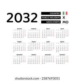 Calendar 2032 Italian language with Italy public holidays. Week starts from Monday. Graphic design vector illustration.