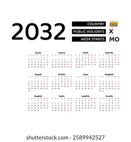 Calendar 2032 Lithuanian language with Lithuania public holidays. Week starts from Monday. Graphic design vector illustration.