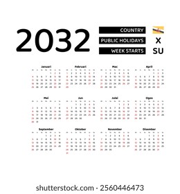 Calendar 2032 Malay language with Brunei Darussalam public holidays. Week starts from Sunday. Graphic design vector illustration.