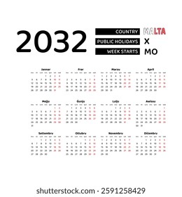 Calendar 2032 Maltese language with Malta public holidays. Week starts from Monday. Graphic design vector illustration.