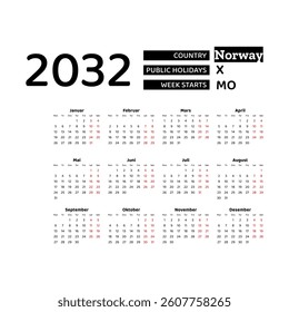 Calendar 2032 Norwegian language with Norway public holidays. Week starts from Monday. Graphic design vector illustration.
