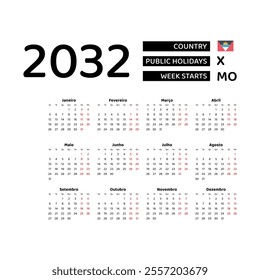 Calendar 2032 Portuguese language with Antigua and Barbuda public holidays. Week starts from Monday. Graphic design vector illustration.