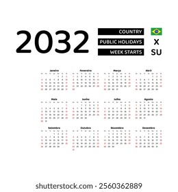 Calendar 2032 Portuguese language with Brazil public holidays. Week starts from Sunday. Graphic design vector illustration.