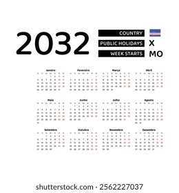 Calendar 2032 Portuguese language with Cape Verde public holidays. Week starts from Monday. Graphic design vector illustration.