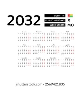 Calendar 2032 Portuguese language with Guinea-Bissau public holidays. Week starts from Monday. Graphic design vector illustration.