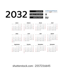 Calendar 2032 Spanish language with Argentina public holidays. Week starts from Sunday. Graphic design vector illustration.