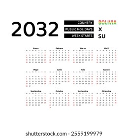 Calendar 2032 Spanish language with Bolivia public holidays. Week starts from Sunday. Graphic design vector illustration.