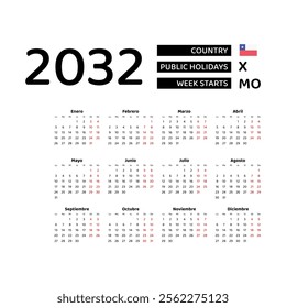 Calendar 2032 Spanish language with Chile public holidays. Week starts from Monday. Graphic design vector illustration.