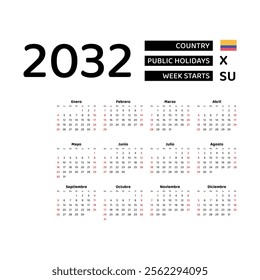 Calendar 2032 Spanish language with Colombia public holidays. Week starts from Sunday. Graphic design vector illustration.