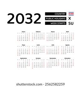 Calendar 2032 Spanish language with Costa Rica public holidays. Week starts from Sunday. Graphic design vector illustration.