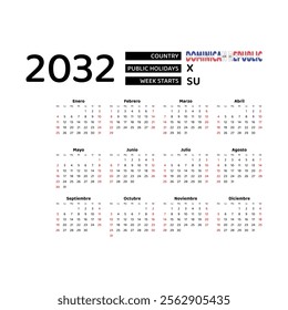 Calendar 2032 Spanish language with Dominican Republic public holidays. Week starts from Sunday. Graphic design vector illustration.