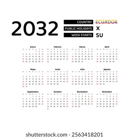 Calendar 2032 Spanish language with Ecuador public holidays. Week starts from Sunday. Graphic design vector illustration.