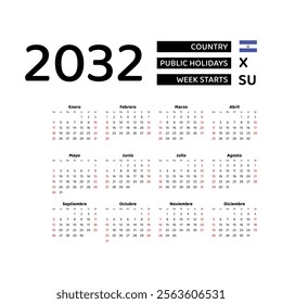 Calendar 2032 Spanish language with El Salvador public holidays. Week starts from Sunday. Graphic design vector illustration.