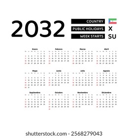 Calendar 2032 Spanish language with Equatorial Guinea public holidays. Week starts from Monday. Graphic design vector illustration.