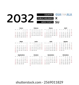 Calendar 2032 Spanish language with Guatemala public holidays. Week starts from Sunday. Graphic design vector illustration.