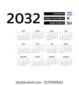 Calendar 2032 Spanish language with Honduras public holidays. Week starts from Sunday. Graphic design vector illustration.