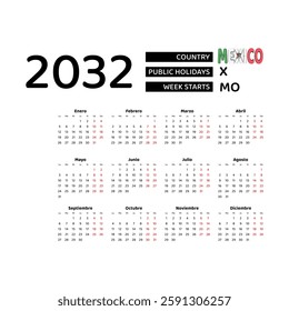 Calendar 2032 Spanish language with Mexico public holidays. Week starts from Monday. Graphic design vector illustration.