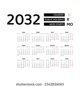 Calendar 2032 Turkish language with Cyprus public holidays. Week starts from Monday. Graphic design vector illustration.