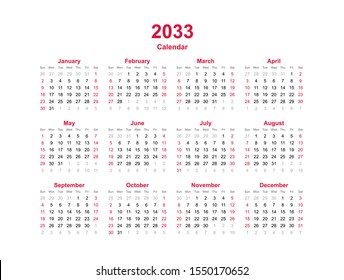 Calendar 2033 - 12 months yearly vector calendar in year 2033 - calendar template - planner calendar