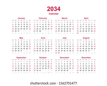 Calendar 2034 - 12 months yearly vector calendar in year 2034 - calendar template - planner calendar