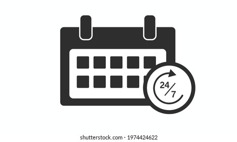 Calendar 24 7 Icon. Vector isolated black and white flat illustration