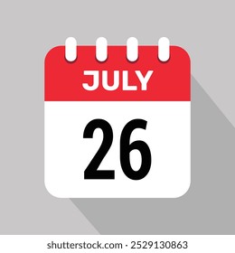 Calendario 26 de julio Icono Vector Fecha Mes Ilustración de fondo.