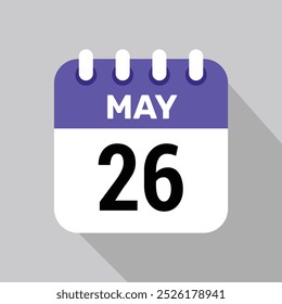 Calendario 26 de mayo Vector de iconos con fondo de fecha. Símbolo de programación de Vector.