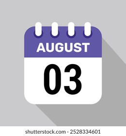 calendário 3 agosto ícone vetor para os dias do mês e da semana em um fundo claro