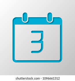calendar with 3 day, simple icon. Paper design. Cutted symbol with shadow