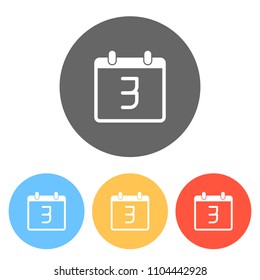 calendar with 3 day, simple icon. Set of white icons on colored circles