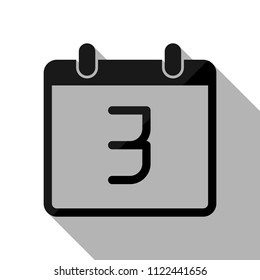 calendar with 3 day, simple icon. Black object with long shadow on white background