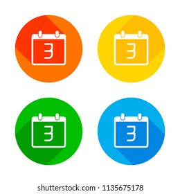 calendar with 3 day, simple icon. Flat white icon on colored circles background. Four different long shadows in each corners