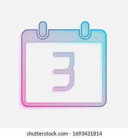 calendar with 3 day, simple icon. Colored logo with diagonal lines and blue-red gradient. Neon graphic, light effect