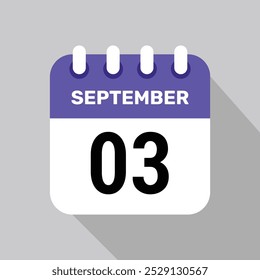 calendar 3 september icon date background. Vector schedule symbol.