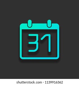 calendar with 31 date, simple icon. Colorful logo concept with soft shadow on dark background. Icon color of azure ocean