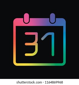calendar with 31 date, simple icon. Rainbow color and dark background