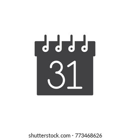 Calendar 31 of december icon vector, filled flat sign, solid pictogram isolated on white. Holiday date and time symbol, logo illustration.