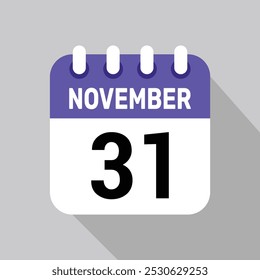 calendar 31 november icon vector date background. Vector schedule symbol.