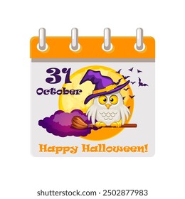 Calendar 31 October for Halloween wit moon and owl. Illustration for page of calendar or your print, greeting card