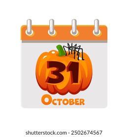 Calendar of 31 October - Happy Halloween Day. Halloween pumpkin with a spider. Illustration for page of calendar or your print, greeting card