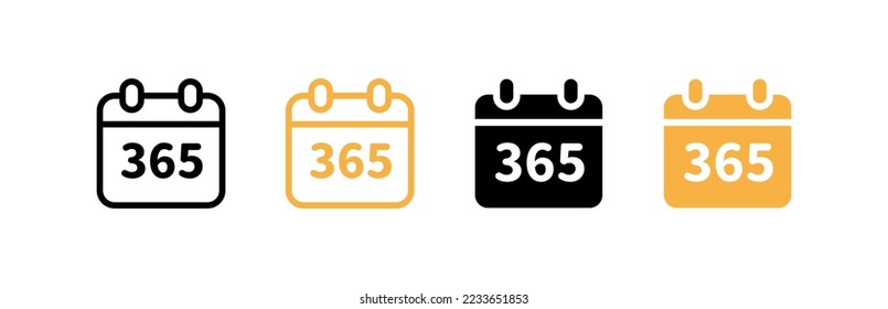 Calendar with 365 text set icon. Days of the week, reminder, important day, month, year, alarm clock, plans, etc. Punctuality concept. Vector four icon in different style on white background