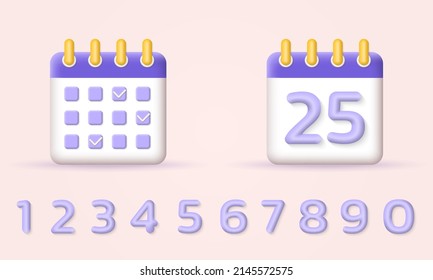 Calendar 3d icon with 1,2,3,4,5,6,7,8,9 numbers. Date, agenda, plan concept. Schedule, reminder design with check marks. Vector illustration.