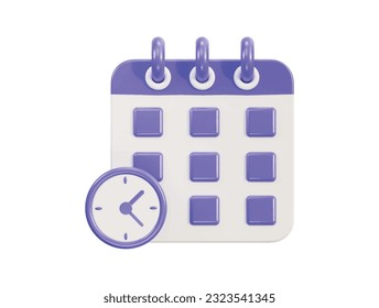 Icono de calendario 3d con el concepto de planificación de la gestión de hora de reloj y fecha Icono de vector 3d