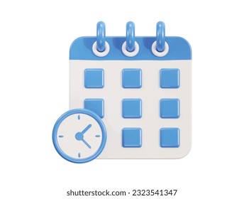 Icono de calendario 3d con el concepto de planificación de la gestión de hora de reloj y fecha Icono de vector 3d