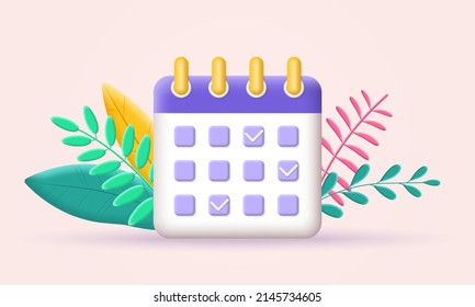 Calendar 3d icon. Date, agenda, plan concept. Schedule, reminder design with check marks. Vector illustration.