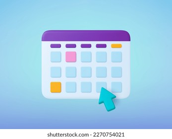 Calendar 3d icon, time management concept. Plasticine style illustration, monthly schedule or planning design. Digital vector element, click arrow