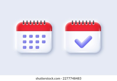 Calendar 3d icons. Date planner signs set. Event reminder, 3d calendar organizer notification icon. Meeting schedule, appointment day, event date. Business calendar timetable, schedule plan. Vector