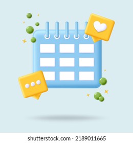 Calendar 3d vector icon. Time management diary sign. Planning agenda concept. To do cartoon reminder design