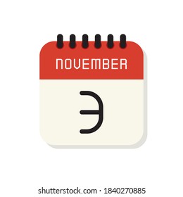 Calendar 3rd of November flat icon on white background. Vector Illustration.